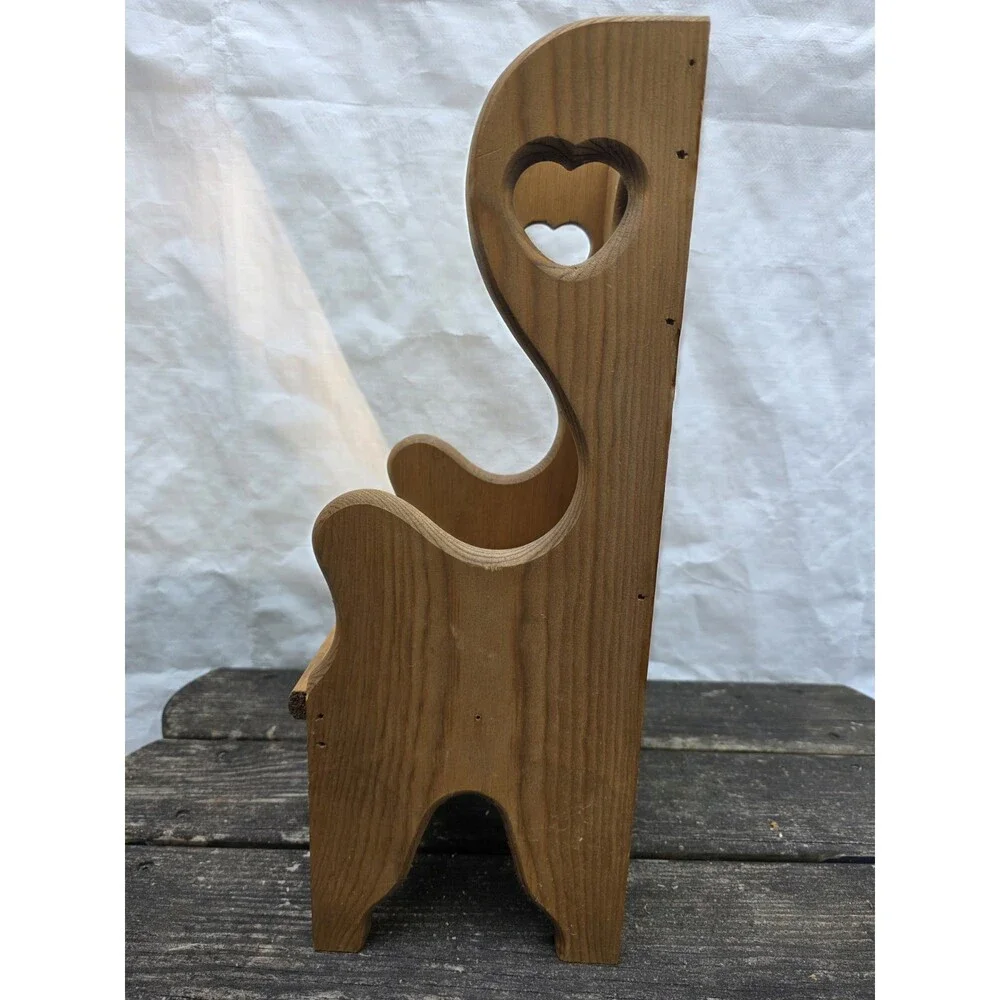 Vintage Rustic Wooden Doll Chair Display Bench Shelf Child Heart Cut Out
